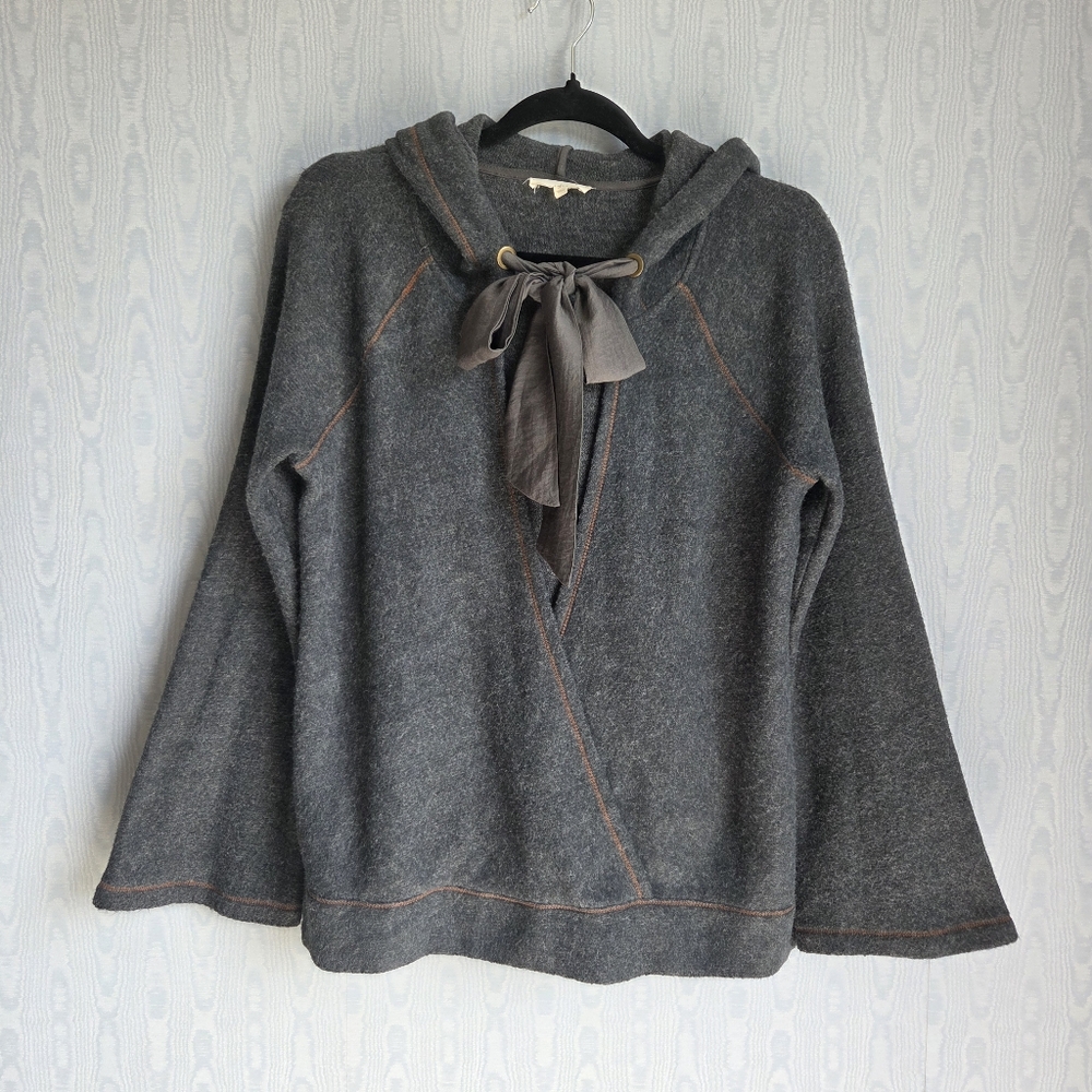 Mystree Fuzzy Draped Front Surplice Bow‎ Tie Bell Sleeve Hooded Sweater Gray S